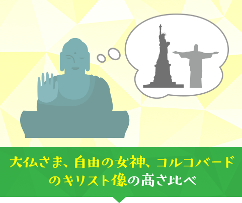 大仏さま、自由の女神、コルコバードのキリスト像の高さ比べ