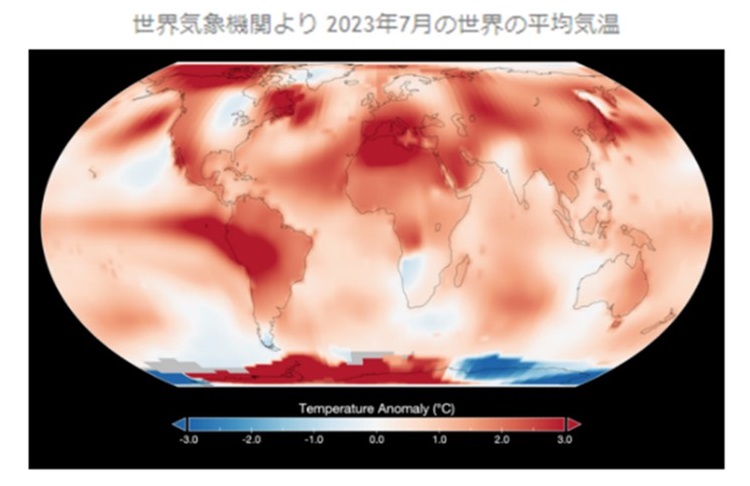 世界気象機関より2023年7月の世界の平均気温の図