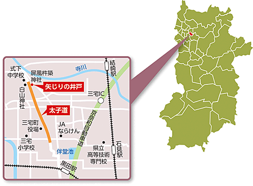 太子道・矢じりの井戸（三宅町屏風）の周辺地図