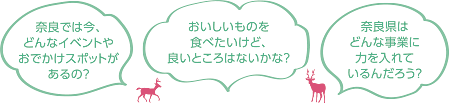 奈良では今、どんなイベントやおでかけスポットがあるの?　おいしいものを食べたいけど、良いところはないかな?　奈良県はどんな事業に力を入れているんだろう?