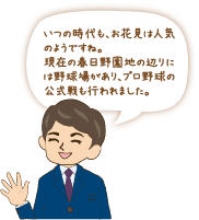 いつの時代も、お花見は人気のようですね。現在の春日野園地の辺りには野球場があり、プロ野球の公式戦も行われました。