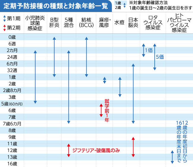 定期予防接種の種類と対象年齢一覧表