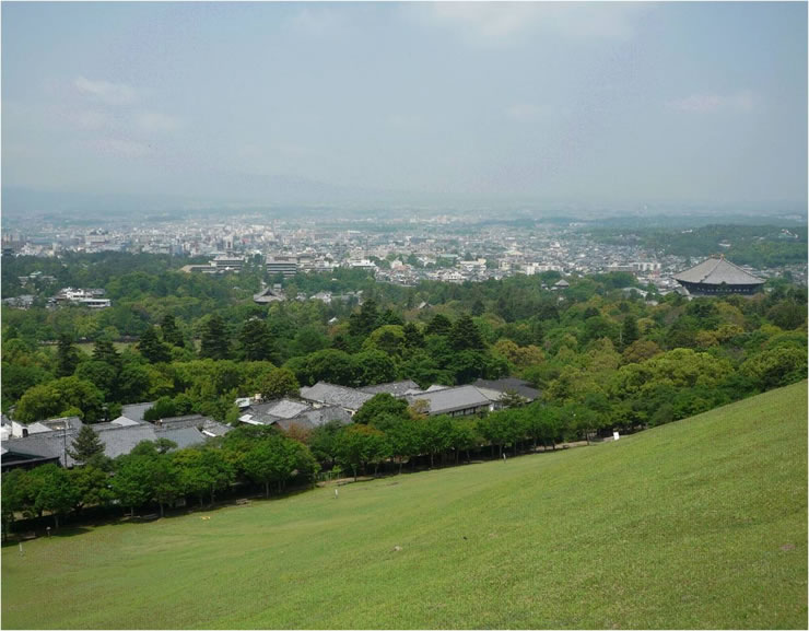 奈良公園と奈良盆地が眺望できる若草山中腹