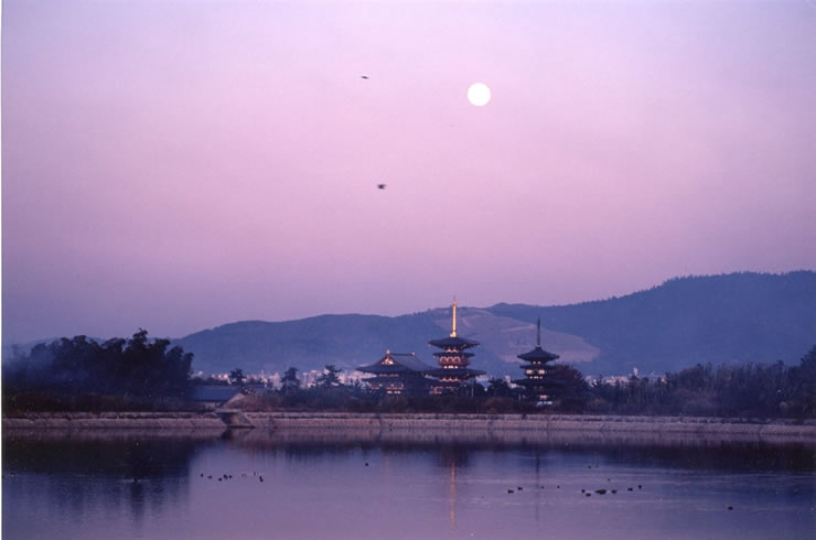 薬師寺、若草山が眺望できる大池湖畔