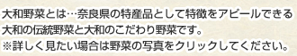 大和野菜とは…奈良県の特産品として特徴をアピールできる大和の伝統野菜と大和のこだわり野菜です。※詳しく見たい場合